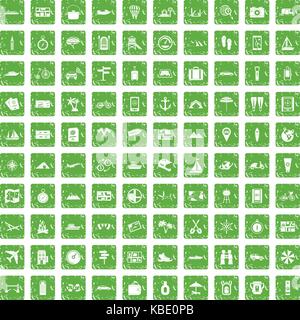 100 travel icons set grunge green Stock Vector
