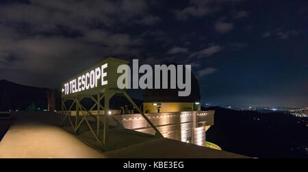 A sign points the way to one of the telescopes at the Griffith Observatory in Los Angeles, California, USA, United States of America Stock Photo