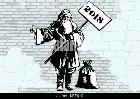 2018 new year Santa Claus hitchhiker with a bag of money, graffiti style. New year and Christmas. Pop art retro vector illustration. Old city brick wa Stock Vector