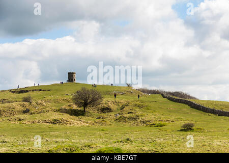 Buxton, UK. 2nd April 2017. Visitors in and around the Victorian folly tower known as Solomon's Temple on Grin Low Hill, part of Buxton Country Park,  Stock Photo