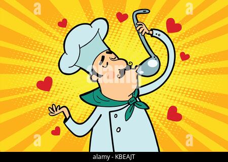 Chef cook character tastes the sauce or soup Stock Vector