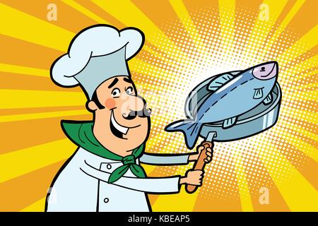Chef cook character with roasted fish Stock Vector