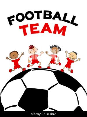 poster kids child boys on the soccerball. Flat vector illustration with text football lettering Stock Vector
