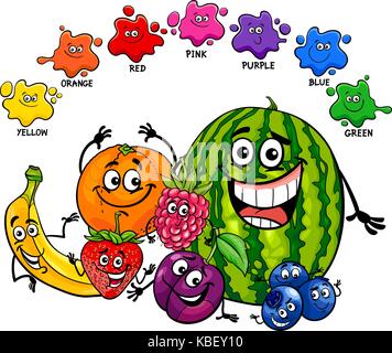 Cartoon Illustration of Primary Basic Colors Educational Page for Children with Fruits Food Characters Stock Vector