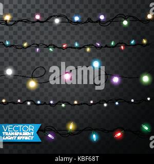 Glowing Christmas lights realistic isolated design elements on transparent background. Xmas garlands decorations for Holiday greeting card. Stock Vector
