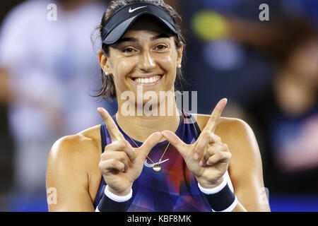 Wuhan, Wuhan, China. 28th Sep, 2017. Wuhan, CHINA-28th September 2017: (EDITORIAL USE ONLY. CHINA OUT).French professional tennis player Caroline Garcia defeats Russian professional tennis player Ekaterina Valeryevna Makarova at the Wuhan Open in Wuhan, central China's Hubei Province, September 28th, 2017. Credit: SIPA Asia/ZUMA Wire/Alamy Live News Stock Photo