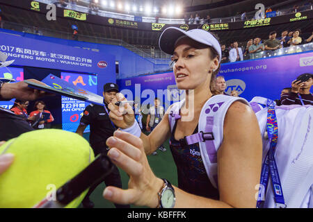 Wuhan, Wuhan, China. 29th Sep, 2017. Swiss tennis player Martina Hingis and Chinese tennis player Chan Yung-jan defeat Peng Shuai and Indian tennis player Sania Mirza at WTA Wuhan Open in Wuhan, central China's Hubei Province, September 29th, 2017. Credit: SIPA Asia/ZUMA Wire/Alamy Live News Stock Photo