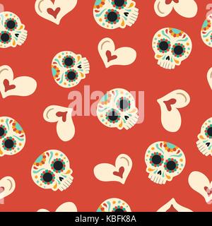 Day of the dead seamless pattern with traditional hand drawn mexican sugar skull decoration and heart. EPS10 vector. Stock Vector