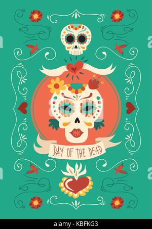 Day of the dead traditional mexican catrina sugar skull in hand drawn style. Mexico party illustration with floral spring decoration and skeleton. EPS Stock Vector