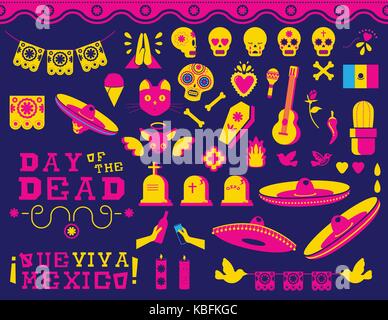 Day of the dead traditional mexican celebration icon set. Modern flat style vibrant color decoration includes sugar skull, emoji and typography quotes Stock Vector