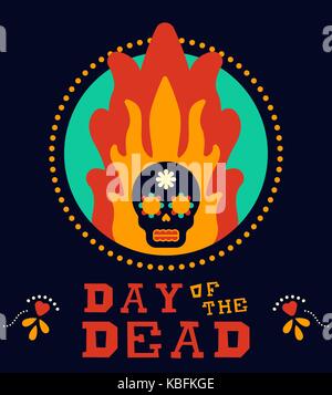 Mexican Day of the Dead traditional holiday illustration. Retro style sugar skull burning in fire flames with floral decoration. EPS10 vector. Stock Vector