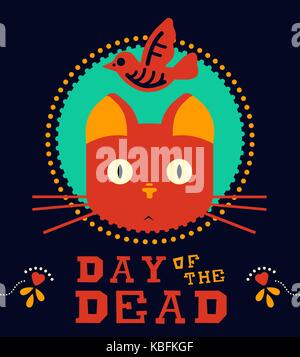 Mexican Day of the Dead fun animal illustration. Retro design in flat color style, pet cat with bird skeleton. EPS10 vector. Stock Vector