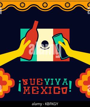 Mexican country celebration illustration for national holiday. Viva mexico typography quote with party toast and nation flag. EPS10 vector. Stock Vector