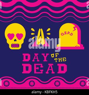 Mexican day of the dead traditional holiday illustration. Modern flat color style emoji icons, includes heart eyes skull, hands praying and grave. EPS Stock Vector