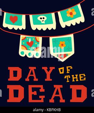Mexican Day of the Dead traditional holiday design. Hand drawn flag decoration with skull, flower and heart in vintage flat color style. EPS10 vector. Stock Vector