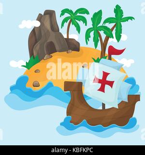 The ships of Christopher Columbus and Tropical Island with palms in ocean Stock Vector