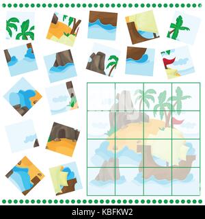 Jigsaw Puzzle game for Children Cartoon with Island and Ship Stock Vector