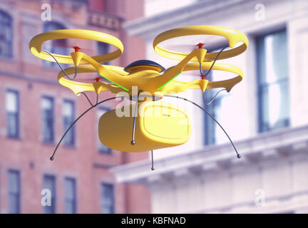 3D illustration. Conceptual image of package delivery by drone. Unmanned aerial vehicle (UAV) utilized to transport packages. Stock Photo