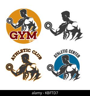 Gym or fitness emblems with bodybuilder holds dumbbel. Sport label or athletic club design element. Vector illustration. Stock Vector