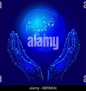 Hands holding planet Earth globe. Saving environment business concept. Network data over the world. Asia continent - Japan, China, India map. Low poly Stock Vector