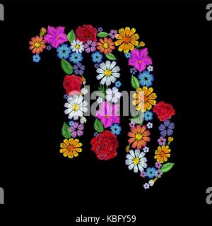 Virgo zodiac sign flower arrangement. Horoscope astrology fashion floral embroidery patch design template. Texture stitch effect. Textile print on black background vector illustration Stock Vector