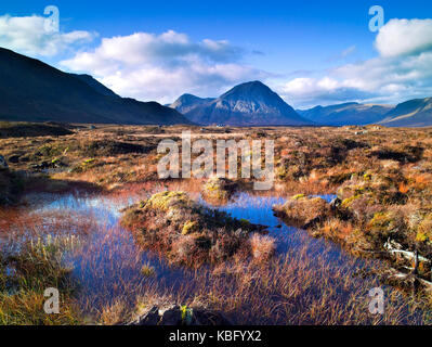 A colourful view across Rannoch Moor of the iconic mountain Buachaille Etive Mor in the Scottish Highlands Stock Photo