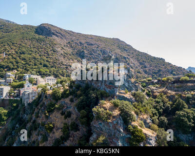 Aerial view of Nonza and tower on a cliff overlooking the sea. Cap Corse Peninsula, Corsica. Coastline. France Stock Photo