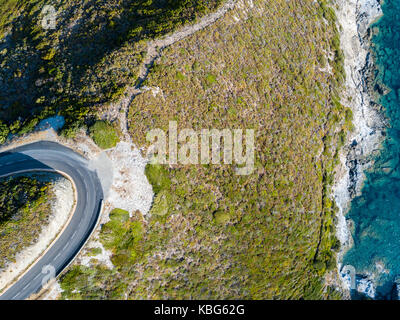 Aerial view of winding roads of the French coast. Cap Corse Peninsula, Corsica. Coastline. France Stock Photo