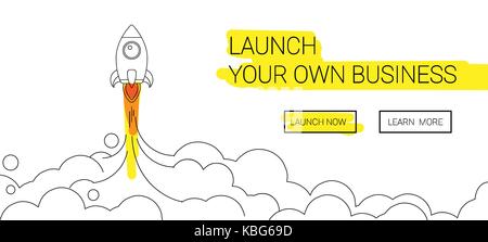 Minimalistic rocket launch line icon. Rocket illustration with clouds, space and launch fire, line art. Stock Vector