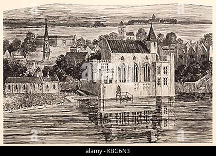 An old print showing the original Eleanor cross in its original position (now Charing Cross) in London together with the chapel and hospital of St Mary Rounceval Stock Photo