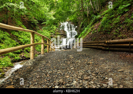 small waterfall of mountain river among the trees Stock Photo