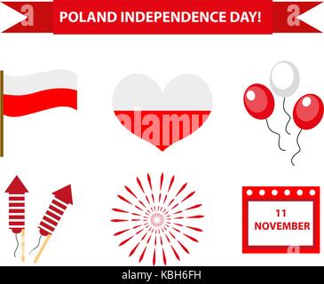 Poland Independence Day icon set, flat style. Collection of design elements with flag, heart, balloons, calendar, firework. Isolated on white background. Vector illustration. Stock Vector