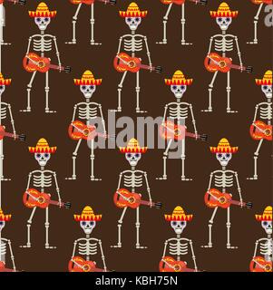 Skeleton in sambrero guitar seamless pattern. Skull Mexican repeating texture.Day of the Dead or the Halloween Endless Background. Vector illustration. Stock Vector