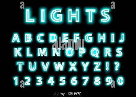 Modern trendy blue neon alphabet on a black background. LED glowing letters font. Luminescent number. Vector illustration. Stock Vector