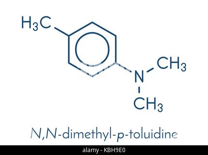 N,N-dimethyl-p-toluidine (DMPT) molecule. Commonly used as catalyst in the production of polymers and in dental materials and bone cements. Skeletal f Stock Vector