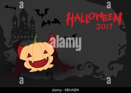 Halloween pumpkin jack o lantern costume set vampire concept idea and halloween 2017 text illustration isolated on dark scary background, with copy sp Stock Vector