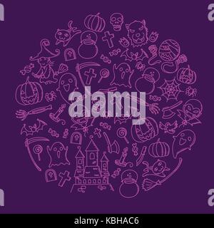 Halloween kids hand drawing set pattern background circle shape illustration isolated on purple color background Stock Vector