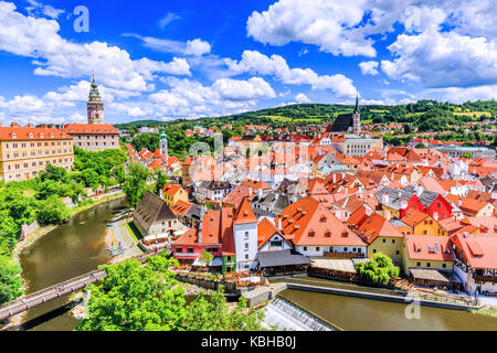 Cesky Krumlov, Czech Republic. The State Castle, St. Vitus Church and cityscape. Stock Photo