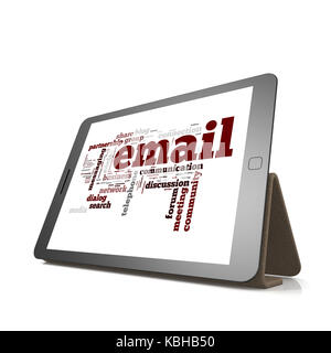 Email word cloud on tablet image with hi-res rendered artwork that could be used for any graphic design. Stock Photo