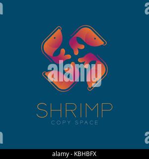 Four Shrimp symbol icon set orange violet gradient color design illustration isolated on blue color background with Shrimp text and copy space, vector Stock Vector