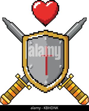 pixelated shield with sword and heart vector illustration design Stock Vector