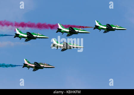 Saudi Air Force British Aerospace Hawk 65A, the Saudi Hawks, display over the sea off the East Coast of Malta. Stock Photo