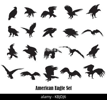 Set of vector cut out flying and sitting silhouettes of american eagle (white-tailed eagle, bald eagle) in black color on white background Stock Vector