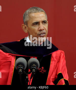 NEW BRUNSWICK, NJ - MAY 15: President Barack Obama receives honory degree from Rutgers President Robert Barchi and gives the commencement speech at Rutgers University's 250th anniversary on May 15, 2016 in New Brunswick, New Jersey.   People:  Barack Obama  Transmission Ref:  MNC1  Hoo-Me.com / MediaPunch Stock Photo