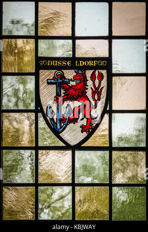Decorative glass displaying the Coat of Arms of Düsseldorf, Schloss Burg (Burg Castle), Burg an der Wupper, Solingen, North Rhine-Westphalia, Germany Stock Photo