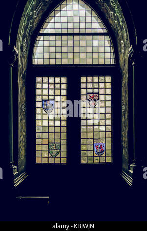 A private pew and decorative window located in the Rittersaal (Knight's Hall), Schloss Burg (Burg Castle), Burg an der Wupper, Solingen, North Rhine-W Stock Photo