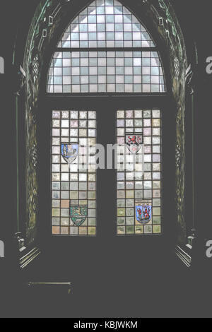 A private pew and decorative window located in the Rittersaal (Knight's Hall), Schloss Burg (Burg Castle), Burg an der Wupper, Solingen, North Rhine-W Stock Photo