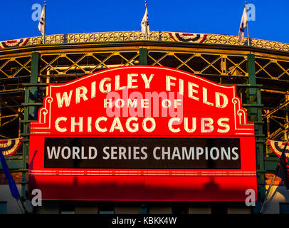 Wrigley Field sign announcing the Chicago Cubs as World Series Champions Stock Photo