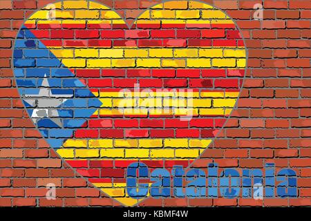 Flag of Catalonia on a brick wall in heart shape - Illustration,  Message on a brick wall Stock Vector