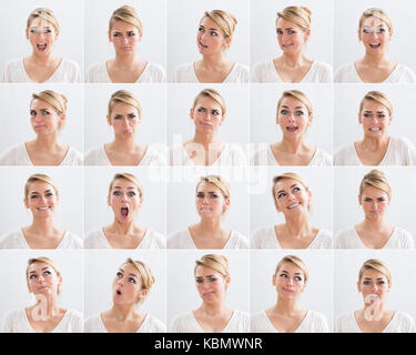 Collage of young woman with various expressions over white background Stock Photo